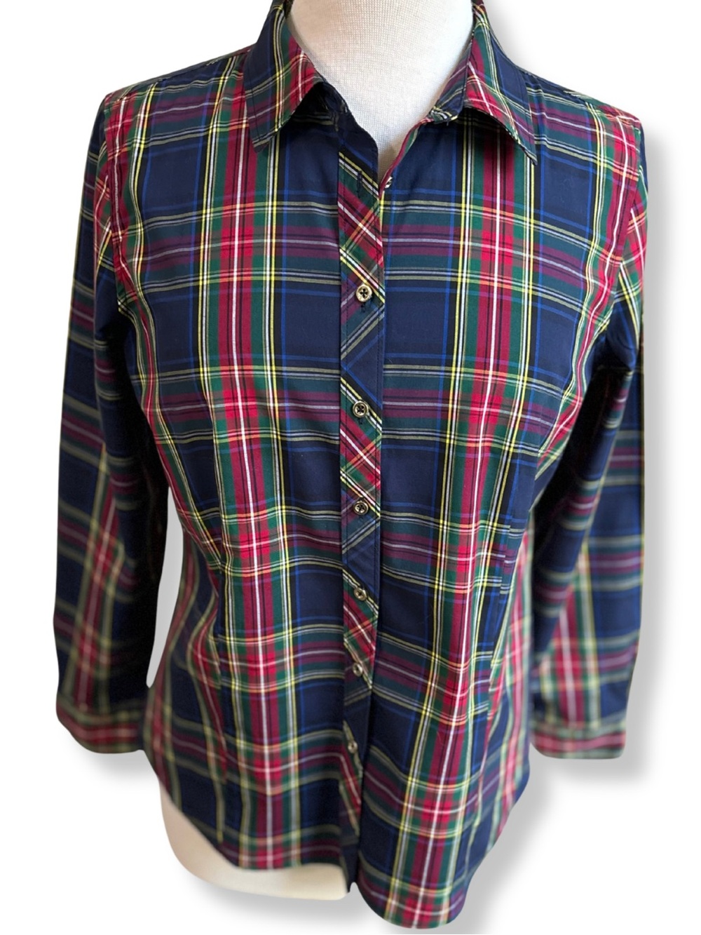 Talbots Petite 12P Tartan Plaid Cotton Stretch Button Down Shirt